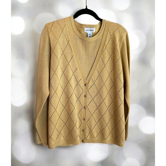 Alfred Dunner Sweaters - ✅3/$20 Deal-ALFRED DUNNER Gold Metallic Sweater Argyle-"Like New" Size Lg